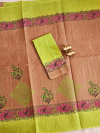 Pure Cotton with Hand Block Prints - Brown with Green