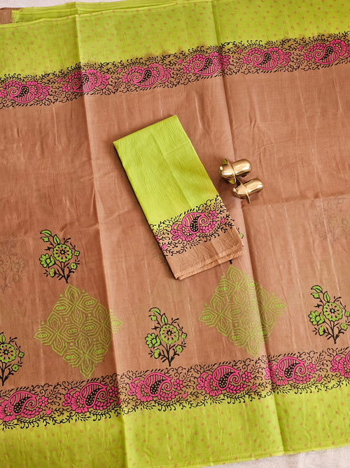 Pure Cotton with Hand Block Prints - Brown with Green