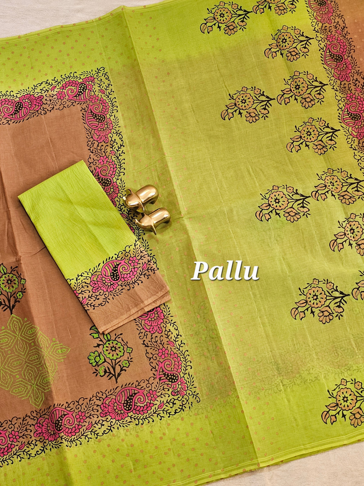 Pure Cotton with Hand Block Prints - Brown with Green