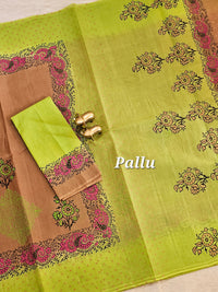 Pure Cotton with Hand Block Prints - Brown with Green
