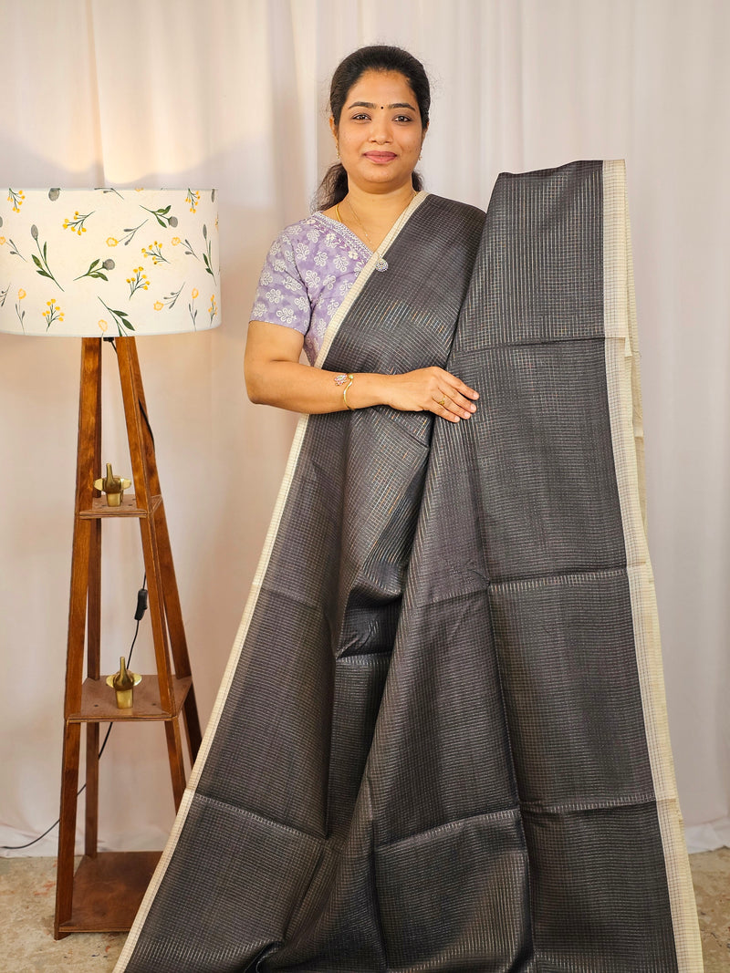 Casual Semi Tussar Checks Weave Saree - Black