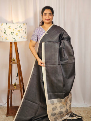 Casual Semi Tussar Checks Weave Saree - Black