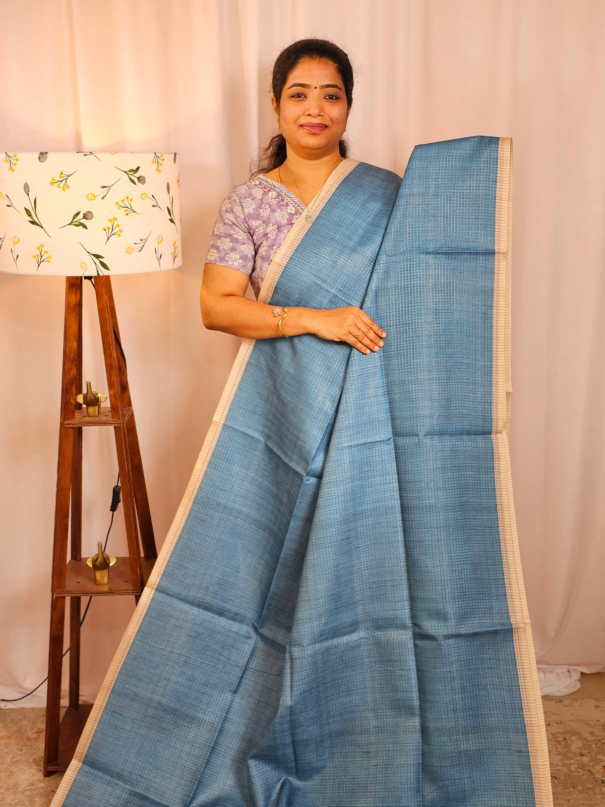 Casual Semi Tussar Checks Weave Saree - Blue