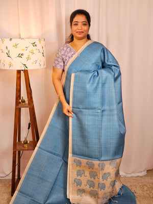 Casual Semi Tussar Checks Weave Saree - Blue