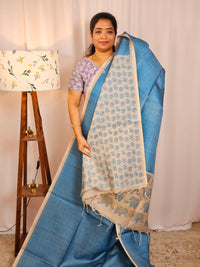 Casual Semi Tussar Checks Weave Saree - Blue