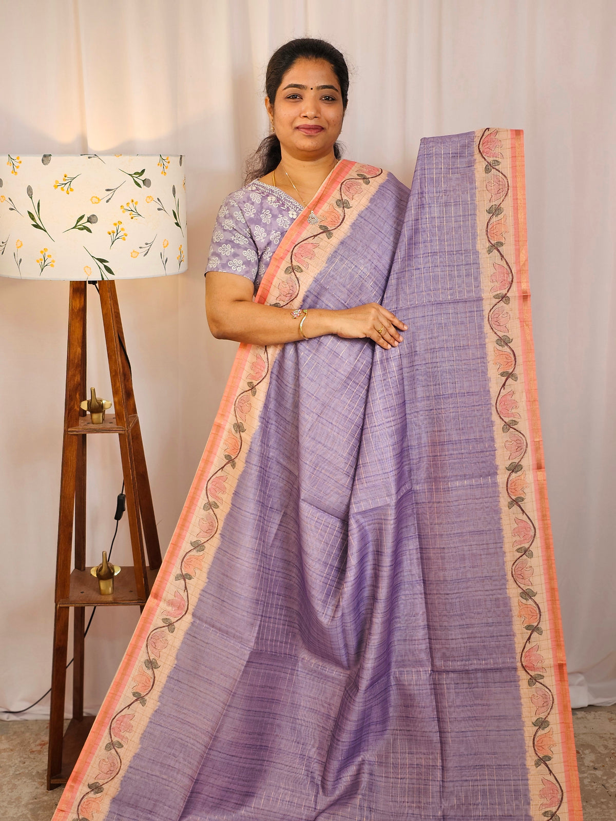 Chanderi Saree with Zari Border - Lavender with Peach
