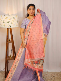 Chanderi Saree with Zari Border - Lavender with Peach