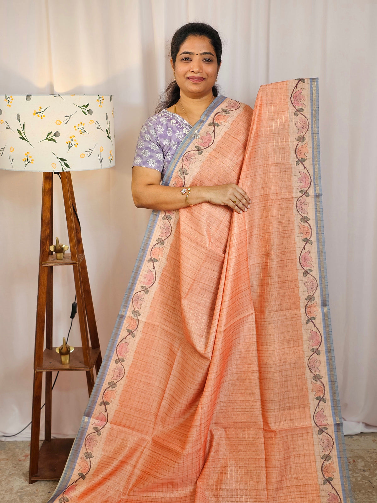 Chanderi Saree with Zari Border - Orange with Violet