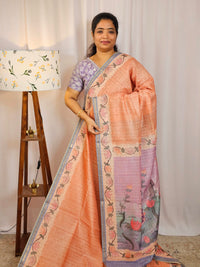 Chanderi Saree with Zari Border - Orange with Violet