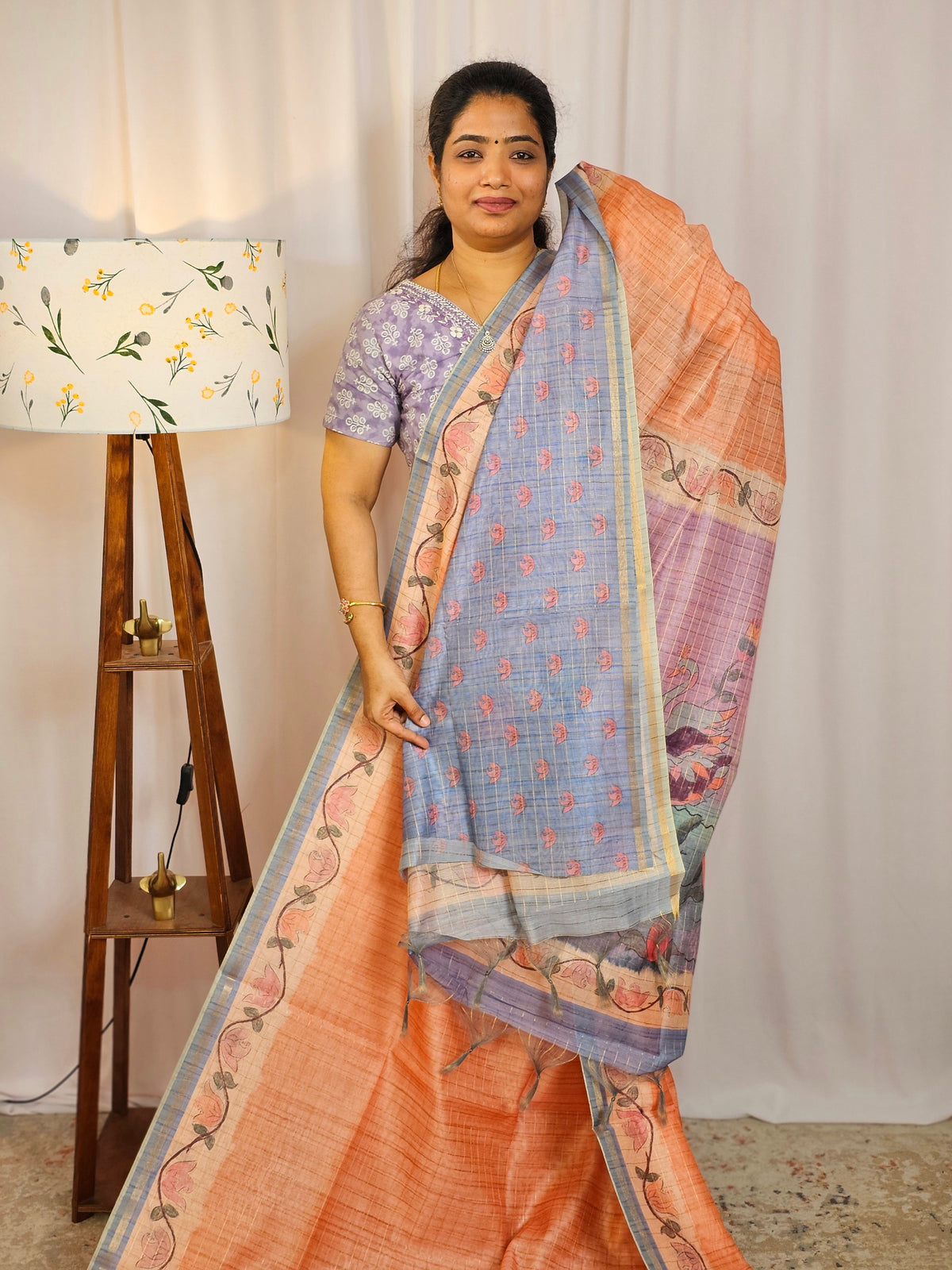 Chanderi Saree with Zari Border - Orange with Violet