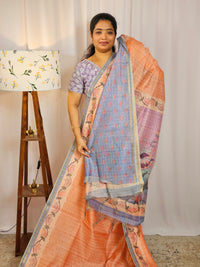Chanderi Saree with Zari Border - Orange with Violet