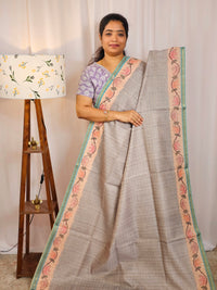 Chanderi Saree with Zari Border - Grey with Blue