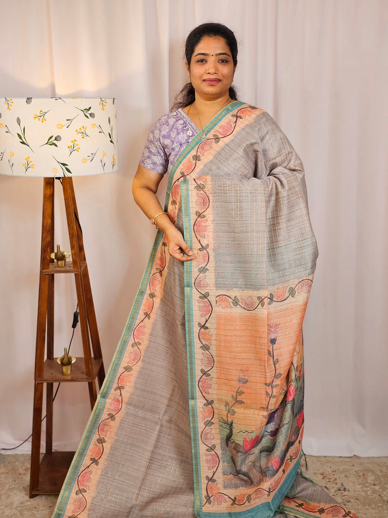Chanderi Saree with Zari Border - Grey with Blue