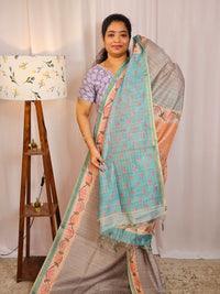 Chanderi Saree with Zari Border - Grey with Blue