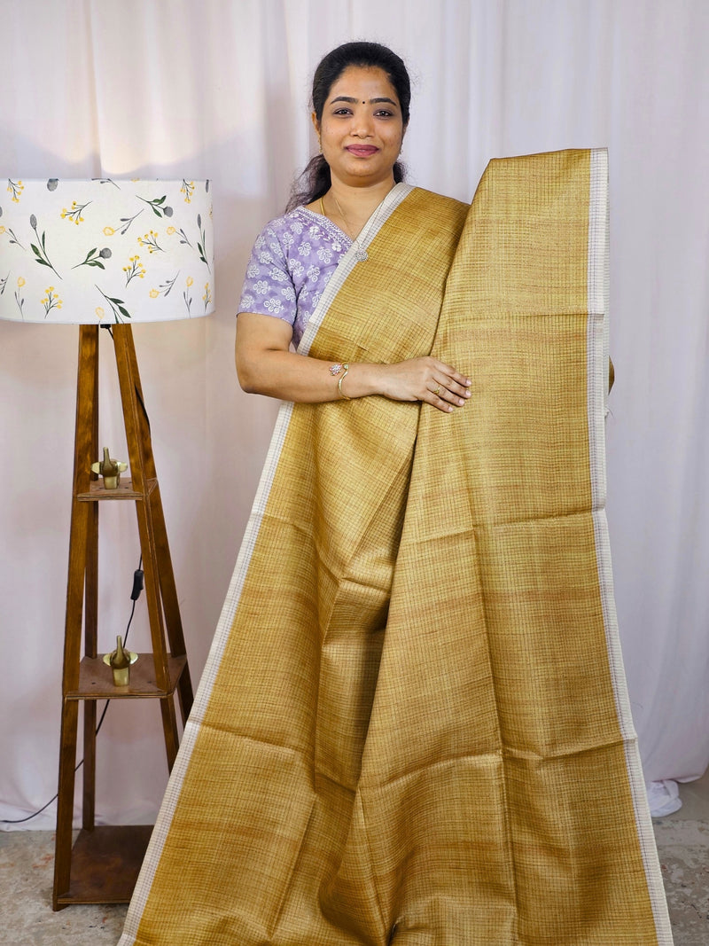 Casual Semi Tussar Checks Weave Saree - Mustard Yellow