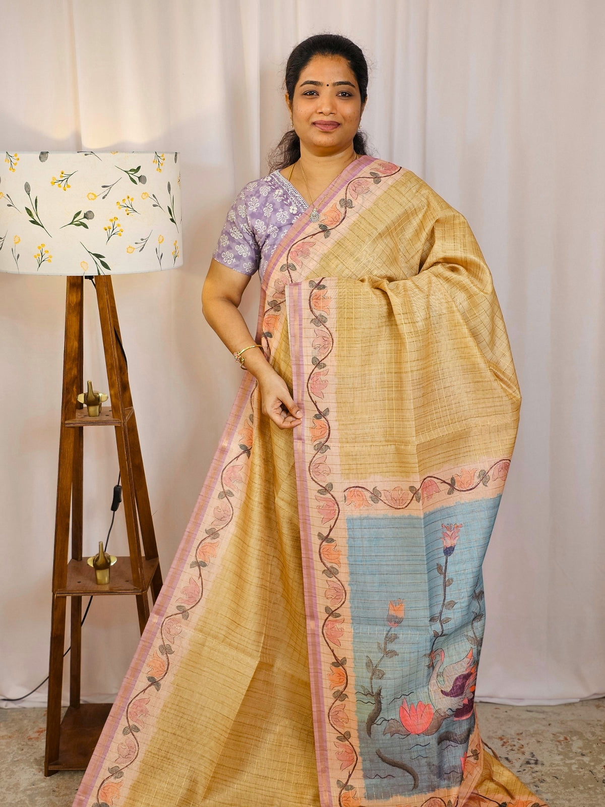 Chanderi Saree with Zari Border - Mustard Yellow with Purple