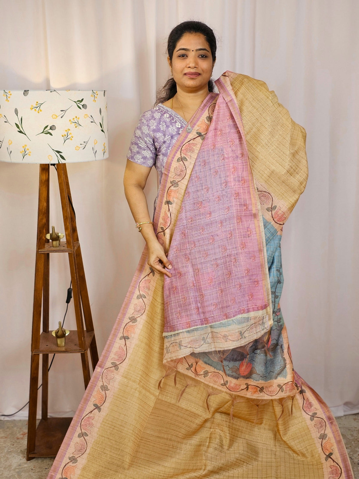 Chanderi Saree with Zari Border - Mustard Yellow with Purple