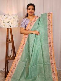 Chanderi Saree with Zari Border - Green with Orange