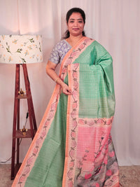 Chanderi Saree with Zari Border - Green with Orange