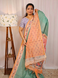 Chanderi Saree with Zari Border - Green with Orange