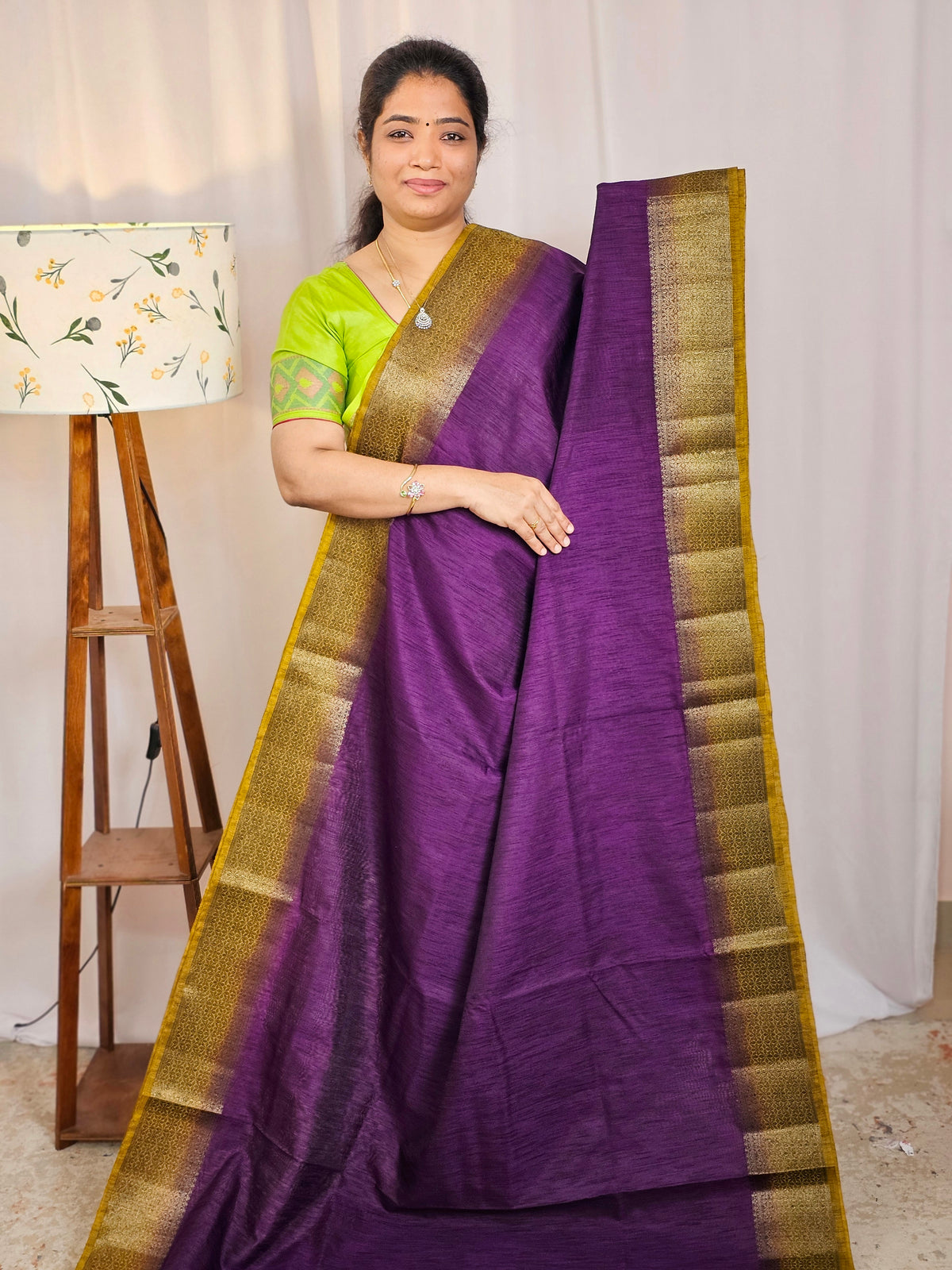 Jute Banarasi Saree - Purple with Mustard Yellow