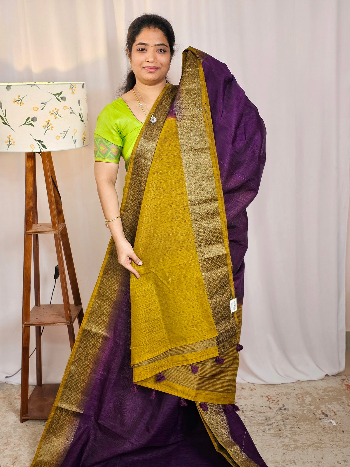 Jute Banarasi Saree - Purple with Mustard Yellow