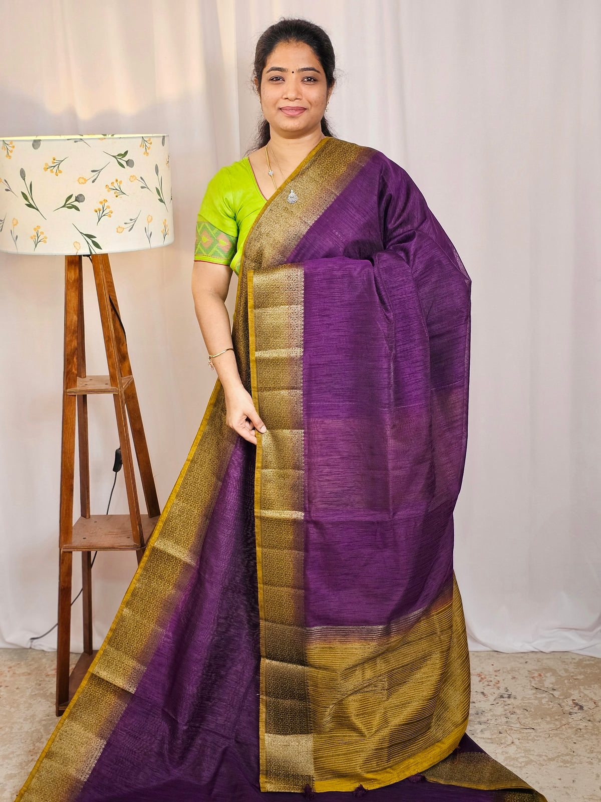 Jute Banarasi Saree - Purple with Mustard Yellow