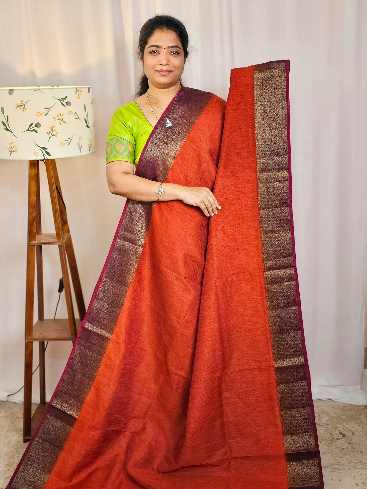 Jute Banarasi Saree - Rust Orange with Magenta Pink