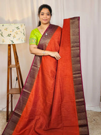Jute Banarasi Saree - Rust Orange with Magenta Pink