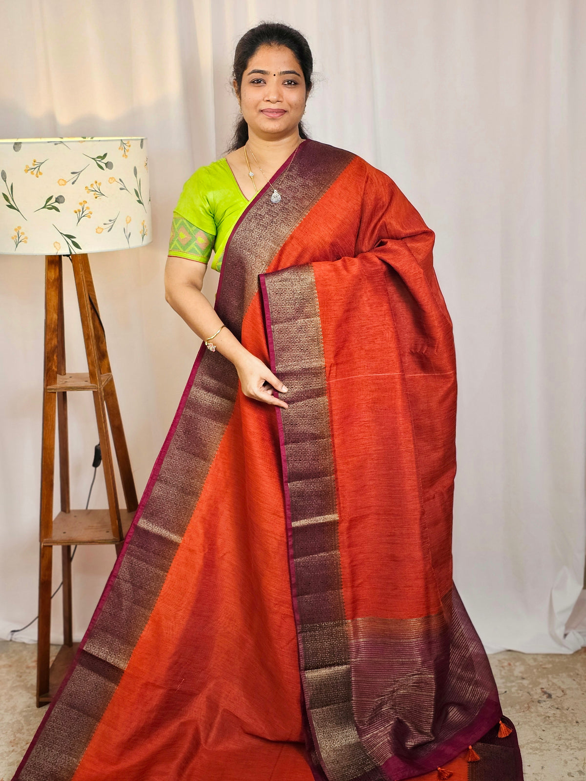Jute Banarasi Saree - Rust Orange with Magenta Pink