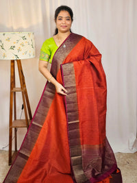 Jute Banarasi Saree - Rust Orange with Magenta Pink