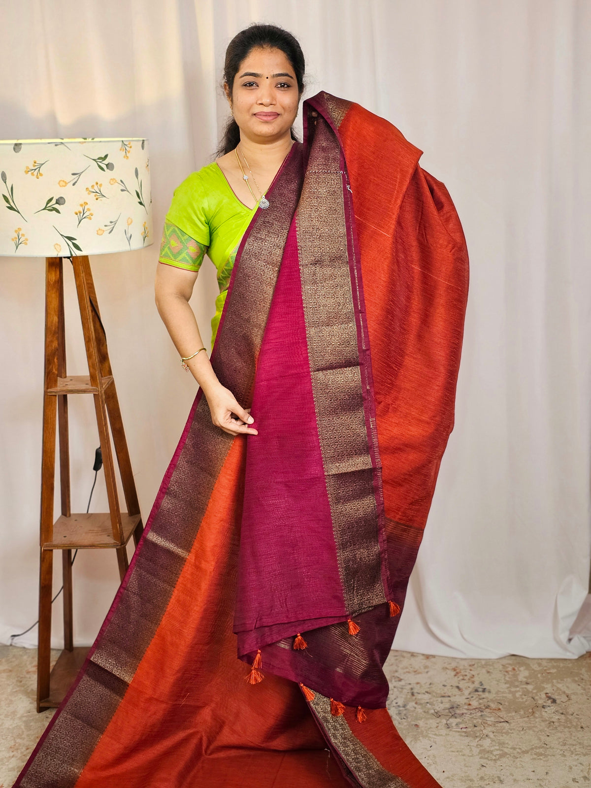 Jute Banarasi Saree - Rust Orange with Magenta Pink