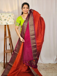 Jute Banarasi Saree - Rust Orange with Magenta Pink