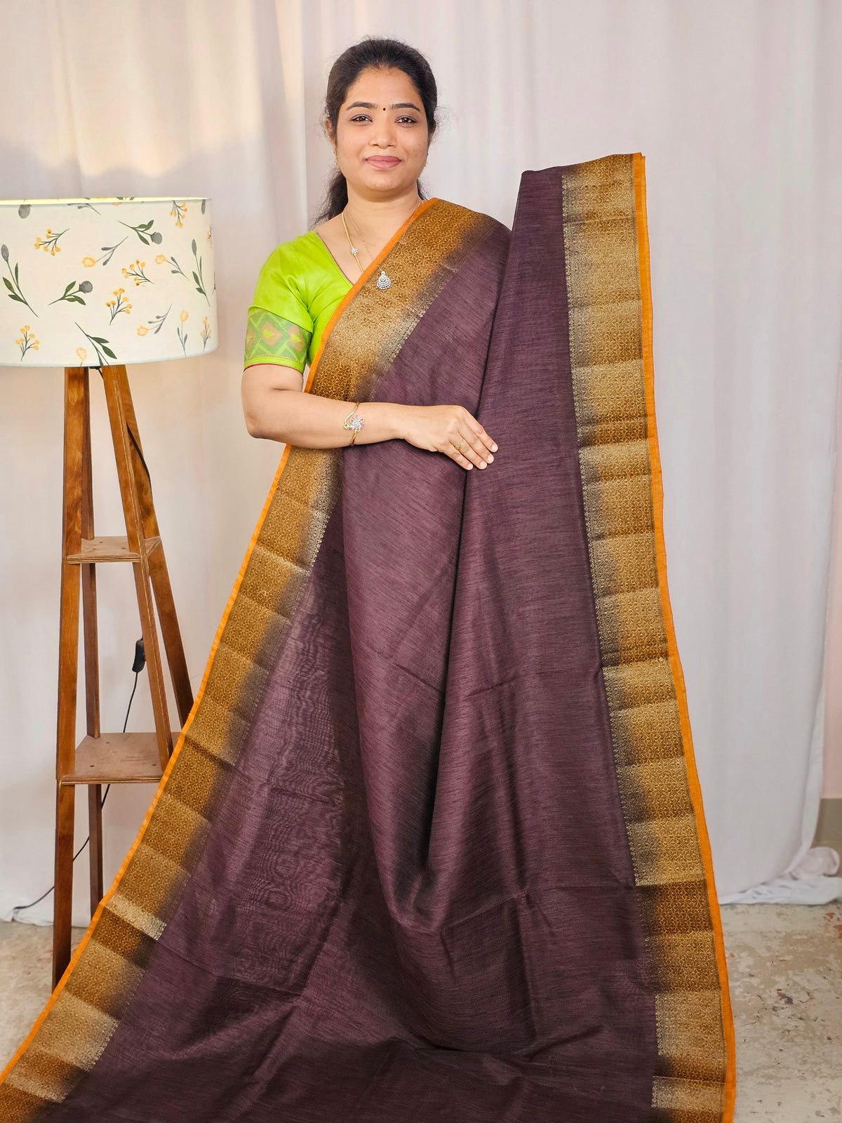 Jute Banarasi Saree - Brown with Mustard Yellow