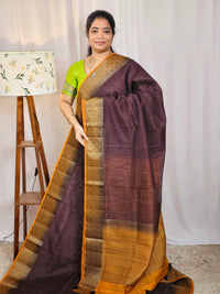 Jute Banarasi Saree - Brown with Mustard Yellow