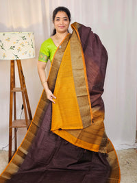 Jute Banarasi Saree - Brown with Mustard Yellow