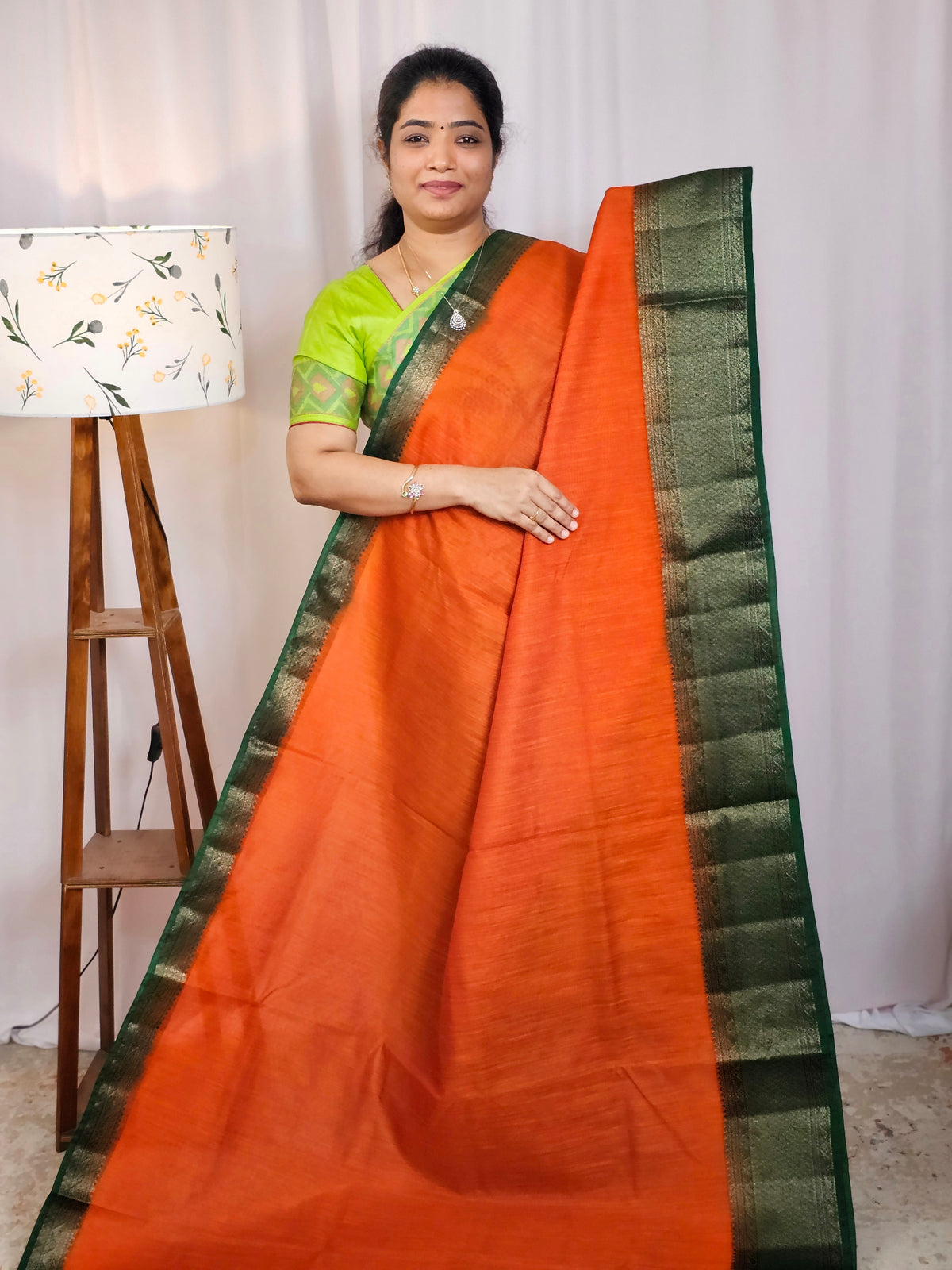 Jute Banarasi Saree - Orange with Green