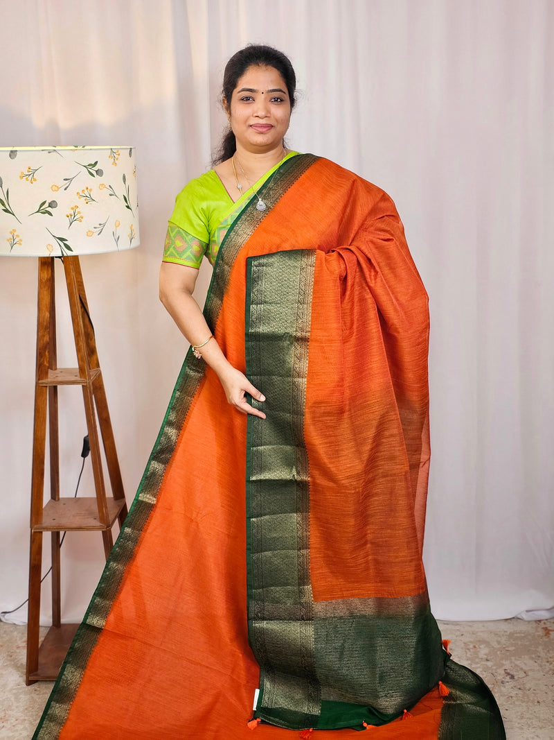 Jute Banarasi Saree - Orange with Green