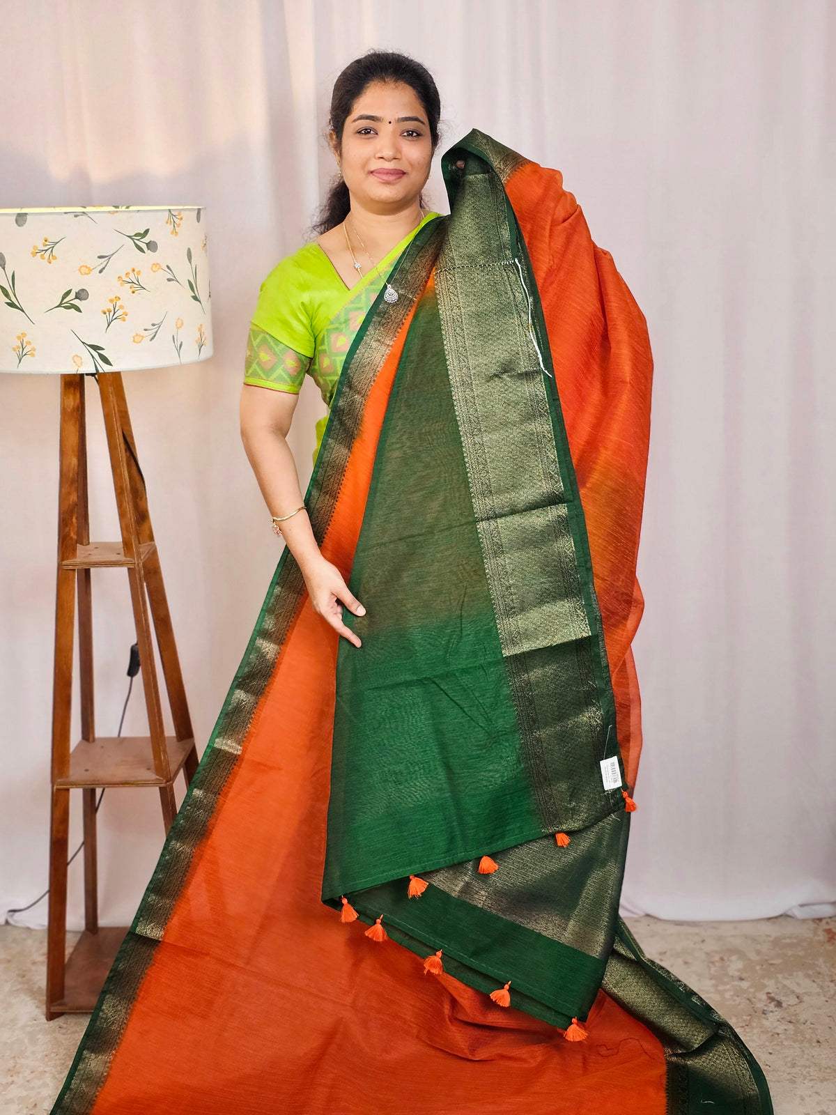 Jute Banarasi Saree - Orange with Green