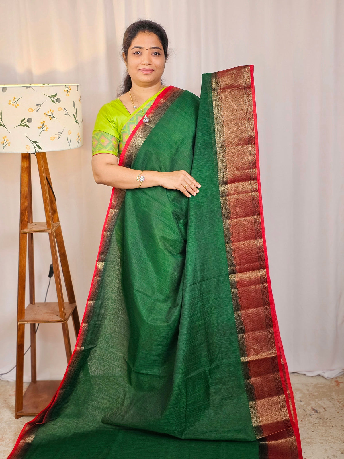 Jute Banarasi Saree - Dark Green with Red