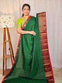 Jute Banarasi Saree - Dark Green with Red