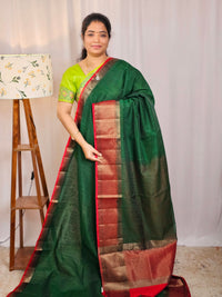 Jute Banarasi Saree - Dark Green with Red