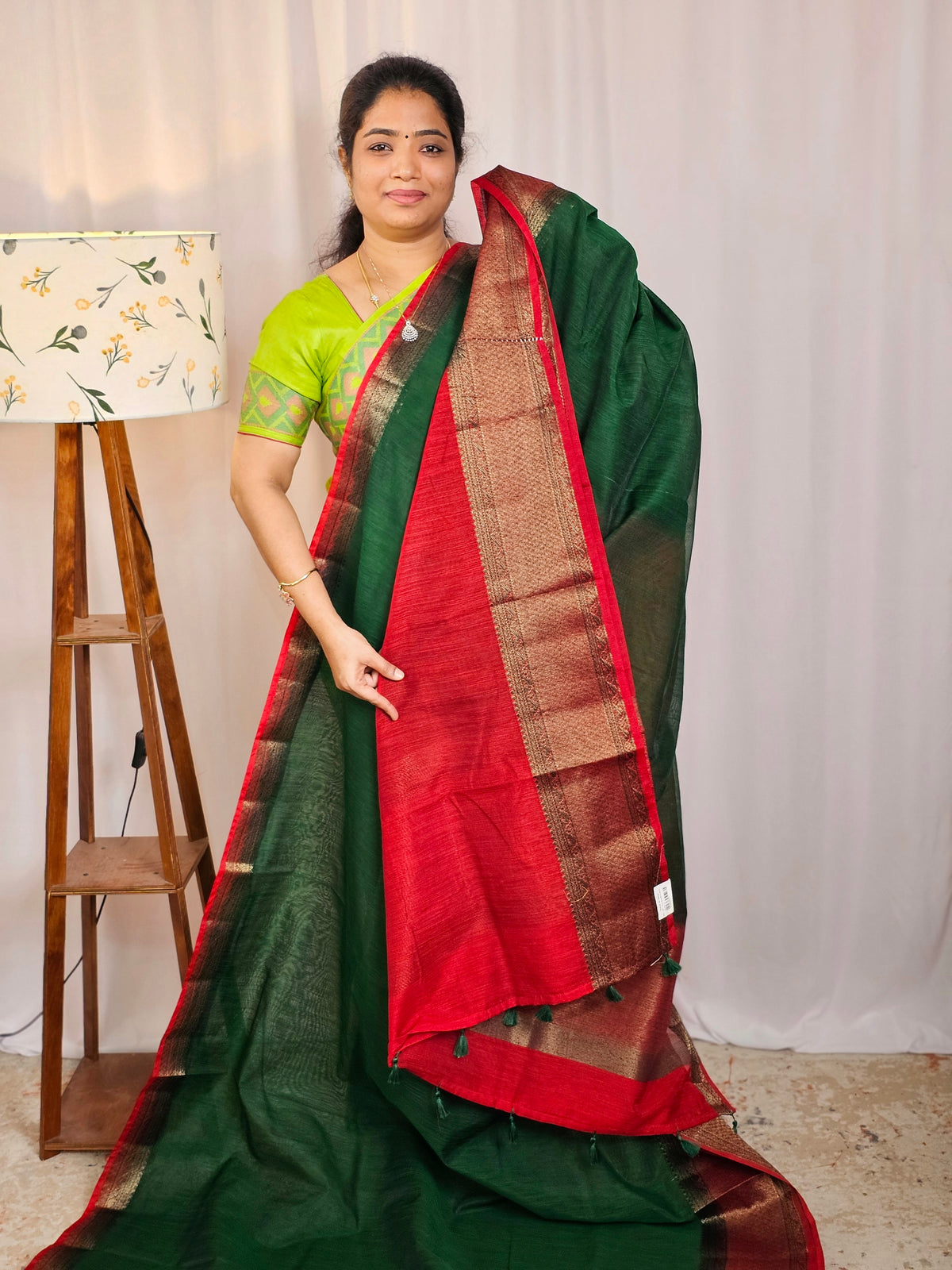 Jute Banarasi Saree - Dark Green with Red