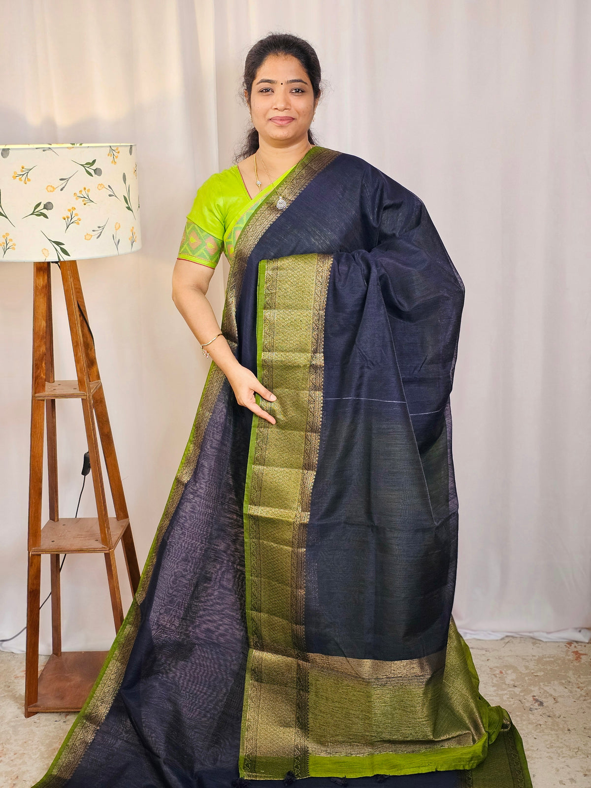 Jute Banarasi Saree - Blue with Green
