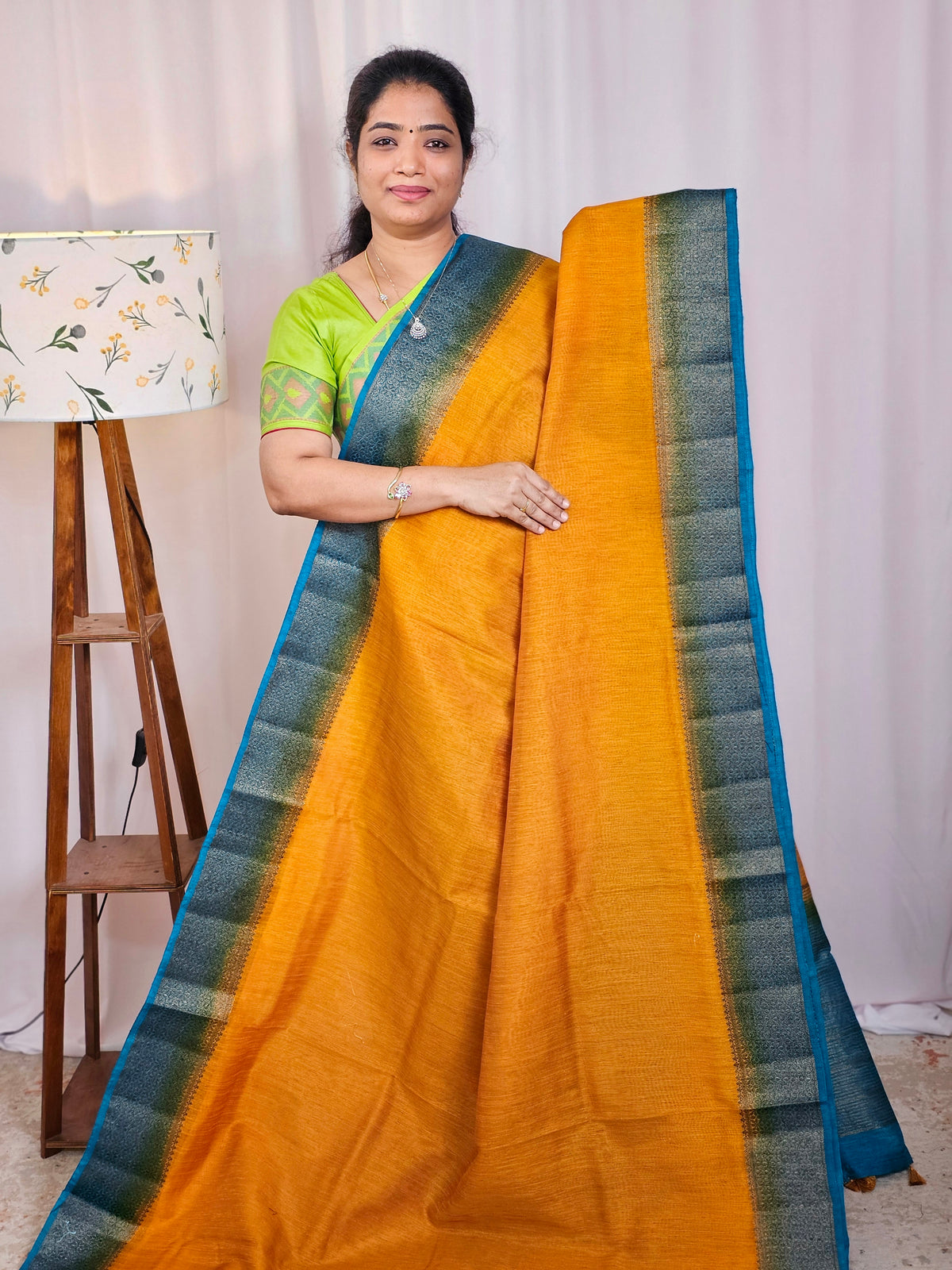 Jute Banarasi Saree - Mustard Yellow with Blue