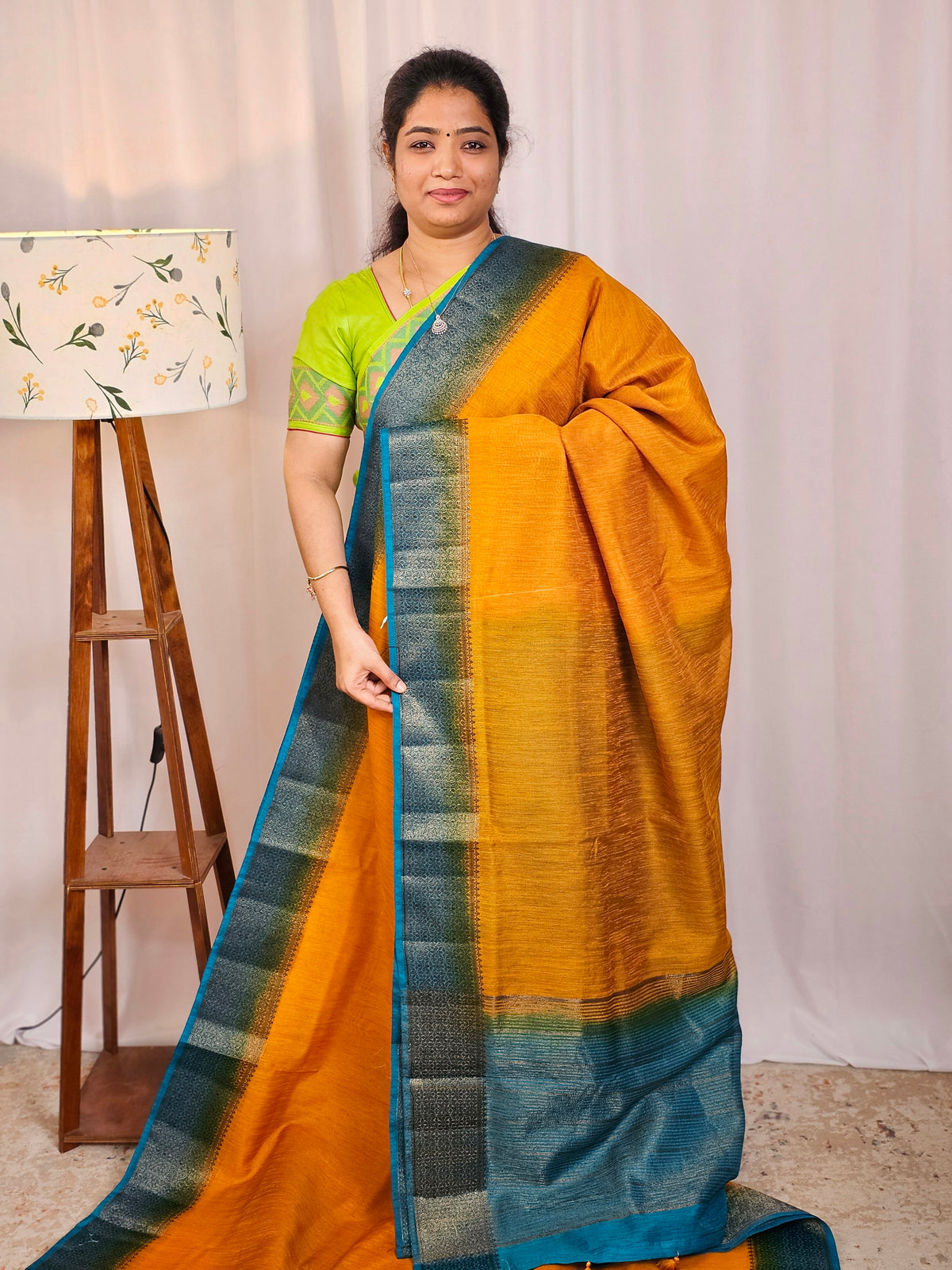 Jute Banarasi Saree - Mustard Yellow with Blue