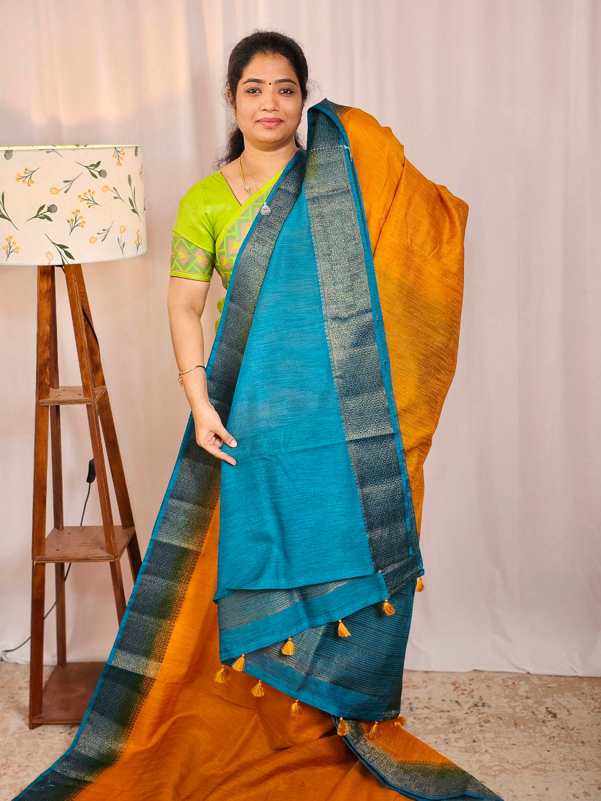 Jute Banarasi Saree - Mustard Yellow with Blue