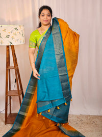 Jute Banarasi Saree - Mustard Yellow with Blue