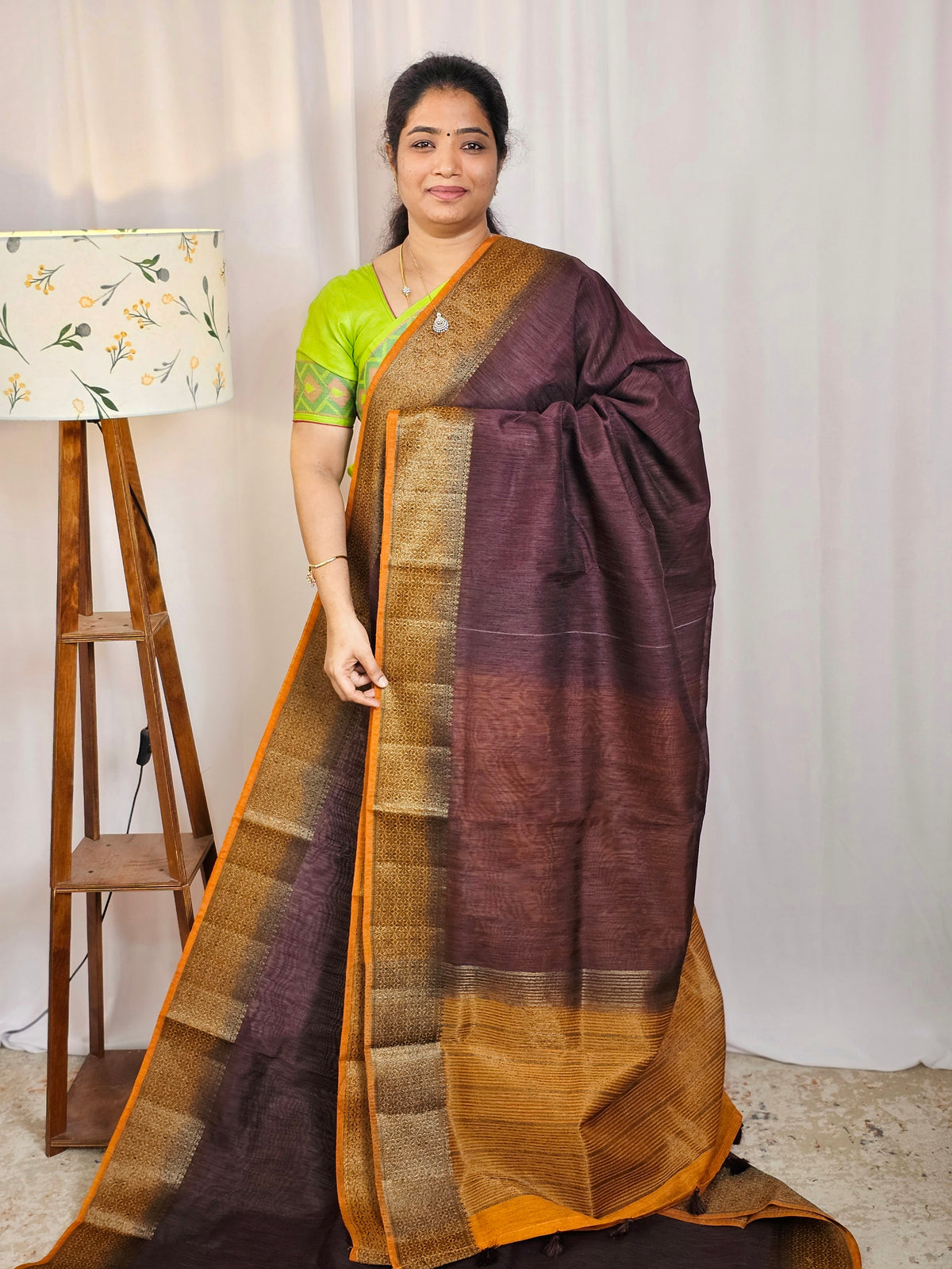 Jute Banarasi Saree - Brown with Mustard Yellow