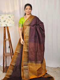 Jute Banarasi Saree - Brown with Mustard Yellow